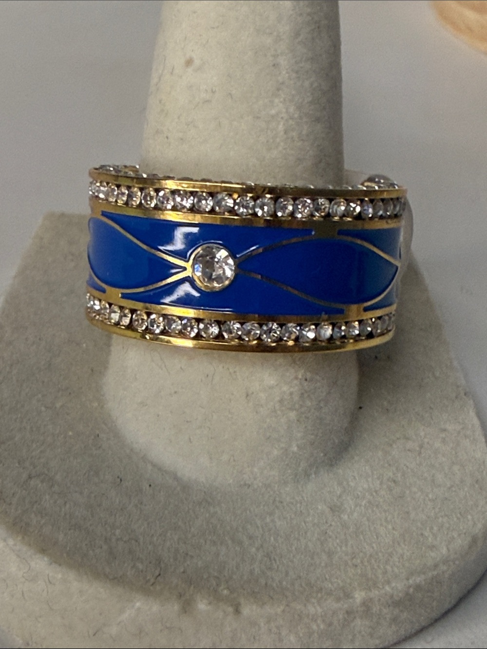 Stamped Gold-Tone Blue Enamel Crystal Statement Ring Size 9